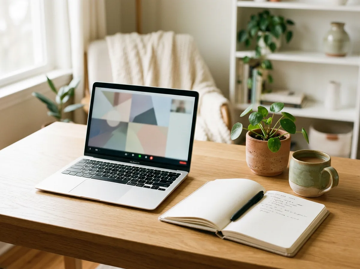 Espacio de trabajo cálido con ordenador en videollamada y cuaderno de notas